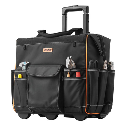 Rolling Tool Bag, 110 lbs Load Capacity, 25 Pockets Heavy Duty Roller Tool Bag with Adjustable Telescoping Handle & Stable Base, Toolbag Organizers with Wheels for Electrician, Construction.