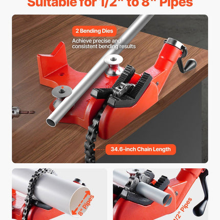Heavy-Duty Pipe Chain Vise, 1/2" - 8" Pipe Capacity, 34.6" Rugged Chain & Cast Iron Base, Industrial-Grade Pipe Clamping for Plumbing, Automotive Repairs, Metalworking.
