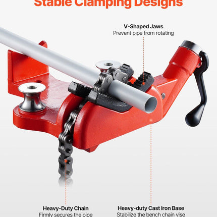 Heavy-Duty Pipe Chain Vise, 1/2" - 8" Pipe Capacity, 34.6" Rugged Chain & Cast Iron Base, Industrial-Grade Pipe Clamping for Plumbing, Automotive Repairs, Metalworking.