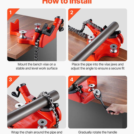 Heavy-Duty Pipe Chain Vise, 1/2" - 8" Pipe Capacity, 34.6" Rugged Chain & Cast Iron Base, Industrial-Grade Pipe Clamping for Plumbing, Automotive Repairs, Metalworking.