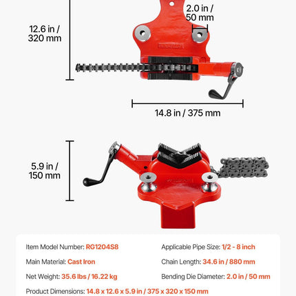 Heavy-Duty Pipe Chain Vise, 1/2" - 8" Pipe Capacity, 34.6" Rugged Chain & Cast Iron Base, Industrial-Grade Pipe Clamping for Plumbing, Automotive Repairs, Metalworking.