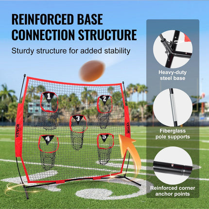 6 x 6 ft Football Trainer Throwing Net, Training Throwing Target Practice Net with 5 Target Pockets, Knotless Net Includes Bow Frame and Portable Carry Case, Improve QB Throwing Accuracy, Red.