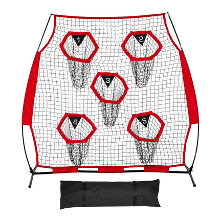 1828.8x1828.8mm Football Trainer Throwing Net, Training Throwing Target Practice Net with 5 Target Pockets, Knotless Net Includes Straps and Portable Carry Case, Improve QB Throwing Accuracy,Red.
