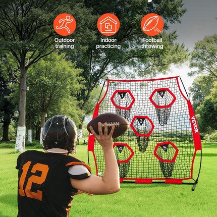 1828.8x1828.8mm Football Trainer Throwing Net, Training Throwing Target Practice Net with 5 Target Pockets, Knotless Net Includes Straps and Portable Carry Case, Improve QB Throwing Accuracy,Red.