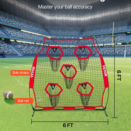 1828.8x1828.8mm Football Trainer Throwing Net, Training Throwing Target Practice Net with 5 Target Pockets, Knotless Net Includes Straps and Portable Carry Case, Improve QB Throwing Accuracy,Red.