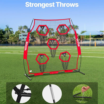 1828.8x1828.8mm Football Trainer Throwing Net, Training Throwing Target Practice Net with 5 Target Pockets, Knotless Net Includes Straps and Portable Carry Case, Improve QB Throwing Accuracy,Red.
