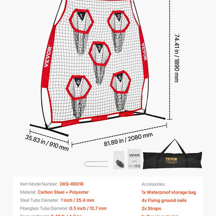 1828.8x1828.8mm Football Trainer Throwing Net, Training Throwing Target Practice Net with 5 Target Pockets, Knotless Net Includes Straps and Portable Carry Case, Improve QB Throwing Accuracy,Red.