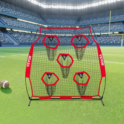 1828.8x1828.8mm Football Trainer Throwing Net, Training Throwing Target Practice Net with 5 Target Pockets, Knotless Net Includes Straps and Portable Carry Case, Improve QB Throwing Accuracy,Red.
