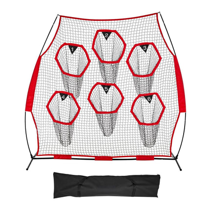 2438.4x2438.4mm Football Trainer Throwing Net, Training Throwing Target Practice Net with 6 Target Pockets, Knotless Net Includes Straps and Portable Carry Case, Improve QB Throwing Accuracy,Red.