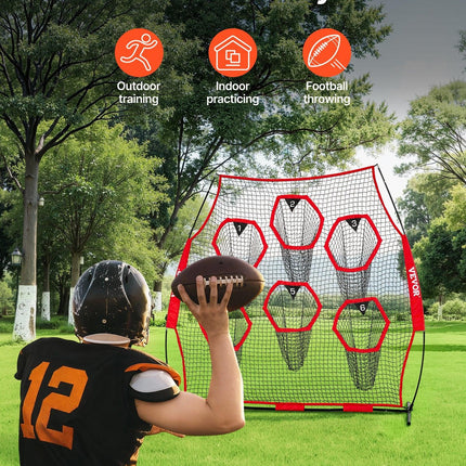 2438.4x2438.4mm Football Trainer Throwing Net, Training Throwing Target Practice Net with 6 Target Pockets, Knotless Net Includes Straps and Portable Carry Case, Improve QB Throwing Accuracy,Red.