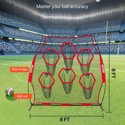 2438.4x2438.4mm Football Trainer Throwing Net, Training Throwing Target Practice Net with 6 Target Pockets, Knotless Net Includes Straps and Portable Carry Case, Improve QB Throwing Accuracy,Red.