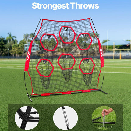 2438.4x2438.4mm Football Trainer Throwing Net, Training Throwing Target Practice Net with 6 Target Pockets, Knotless Net Includes Straps and Portable Carry Case, Improve QB Throwing Accuracy,Red.