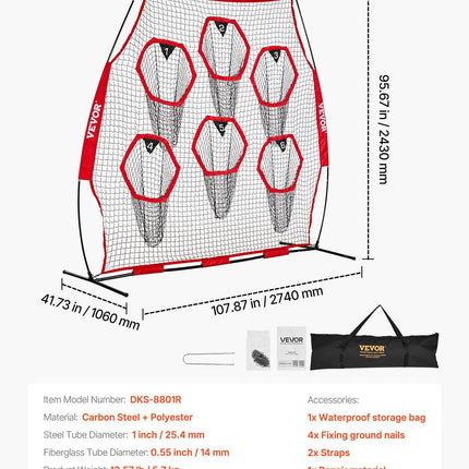 2438.4x2438.4mm Football Trainer Throwing Net, Training Throwing Target Practice Net with 6 Target Pockets, Knotless Net Includes Straps and Portable Carry Case, Improve QB Throwing Accuracy,Red.