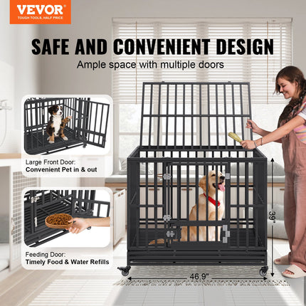 47 Inch Heavy Duty Dog Crate, Indestructible Dog Crate, 3-Door Heavy Duty Dog Kennel for Medium to Large Dogs with Lockable Wheels and Removable Tray, High Anxiety Dog Crate for Indoor & Outdoor.