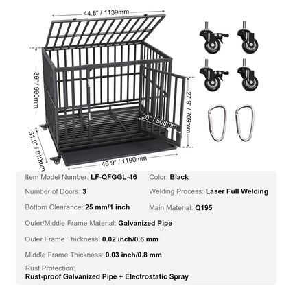 47 Inch Heavy Duty Dog Crate, Indestructible Dog Crate, 3-Door Heavy Duty Dog Kennel for Medium to Large Dogs with Lockable Wheels and Removable Tray, High Anxiety Dog Crate for Indoor & Outdoor.