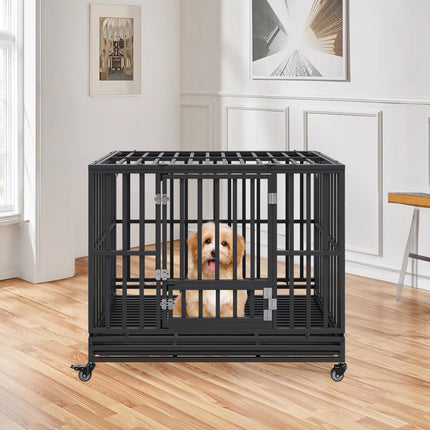 47 Inch Heavy Duty Dog Crate, Indestructible Dog Crate, 3-Door Heavy Duty Dog Kennel for Medium to Large Dogs with Lockable Wheels and Removable Tray, High Anxiety Dog Crate for Indoor & Outdoor.