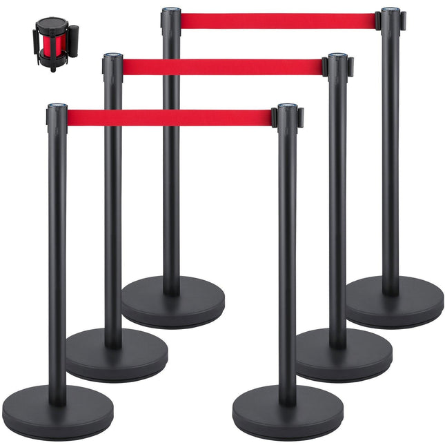 Crowd Control Stanchion, Set of 6 Pieces Stanchion Set, Stanchion Set with 6.6 ft/2 m Red Retractable Belt, Crowd Control Barrier with Rubber Base – Easy Connect Assembly for Crowd Control (Black).