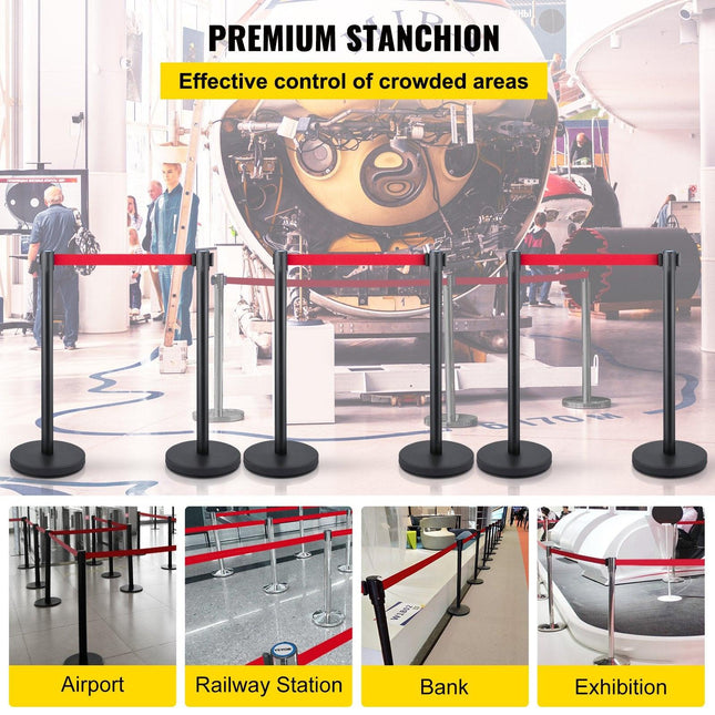Crowd Control Stanchion, Set of 6 Pieces Stanchion Set, Stanchion Set with 6.6 ft/2 m Red Retractable Belt, Crowd Control Barrier with Rubber Base – Easy Connect Assembly for Crowd Control (Black).