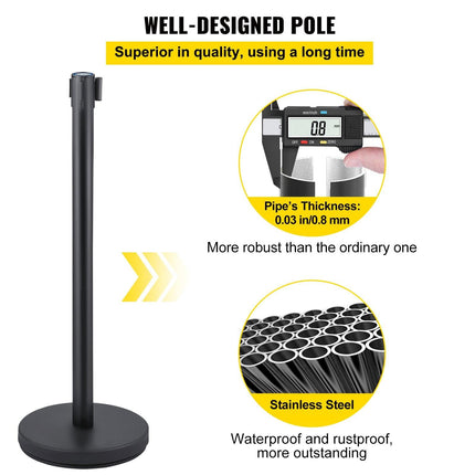 Crowd Control Stanchion, Set of 6 Pieces Stanchion Set, Stanchion Set with 6.6 ft/2 m Red Retractable Belt, Crowd Control Barrier with Rubber Base – Easy Connect Assembly for Crowd Control (Black).