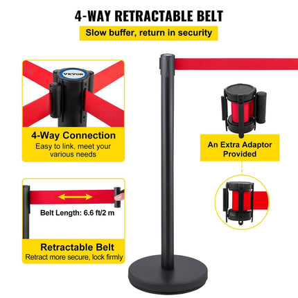 Crowd Control Stanchion, Set of 6 Pieces Stanchion Set, Stanchion Set with 6.6 ft/2 m Red Retractable Belt, Crowd Control Barrier with Rubber Base – Easy Connect Assembly for Crowd Control (Black).
