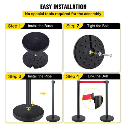 Crowd Control Stanchion, Set of 6 Pieces Stanchion Set, Stanchion Set with 6.6 ft/2 m Red Retractable Belt, Crowd Control Barrier with Rubber Base – Easy Connect Assembly for Crowd Control (Black).