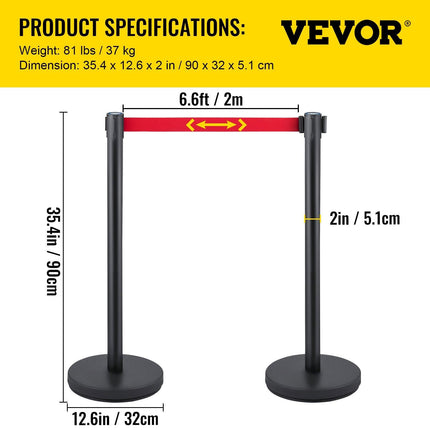 Crowd Control Stanchion, Set of 6 Pieces Stanchion Set, Stanchion Set with 6.6 ft/2 m Red Retractable Belt, Crowd Control Barrier with Rubber Base – Easy Connect Assembly for Crowd Control (Black).