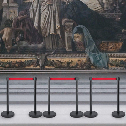 Crowd Control Stanchion, Set of 6 Pieces Stanchion Set, Stanchion Set with 6.6 ft/2 m Red Retractable Belt, Crowd Control Barrier with Rubber Base – Easy Connect Assembly for Crowd Control (Black).