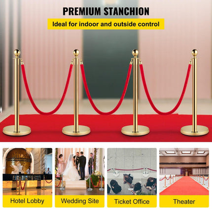 4PCS Gold Stanchion Posts Queue, 38 Inch Red Velvet Rope, Crowd Control Barriers Queue Line Rope, Barriers for Party Supplies.