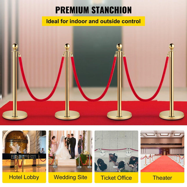 4PCS Gold Stanchion Posts Queue, 38 Inch Red Velvet Rope, Crowd Control Barriers Queue Line Rope, Barriers for Party Supplies.