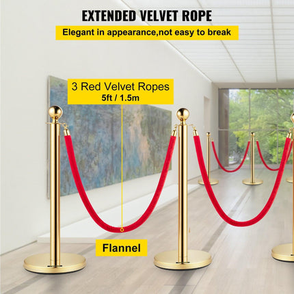 4PCS Gold Stanchion Posts Queue, 38 Inch Red Velvet Rope, Crowd Control Barriers Queue Line Rope, Barriers for Party Supplies.