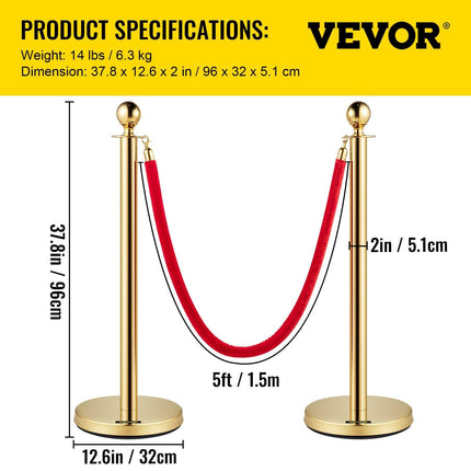 4PCS Gold Stanchion Posts Queue, 38 Inch Red Velvet Rope, Crowd Control Barriers Queue Line Rope, Barriers for Party Supplies.