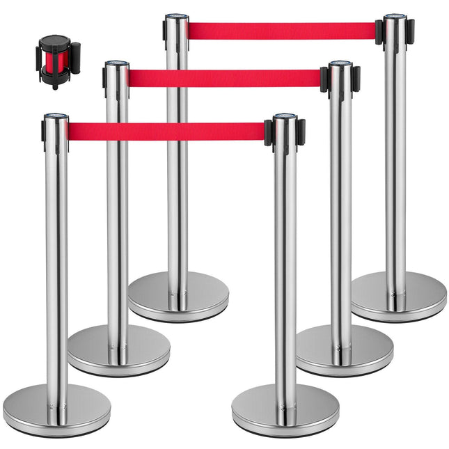 VEVOR Crowd Control Stanchion, Set of 6 Pieces Stanchion Set, Stanchion Set with 2 m Red Retractable Belt, Crowd Control Barrier with Rubber Base – Easy Connect Assembly for Crowd Control (Silver).