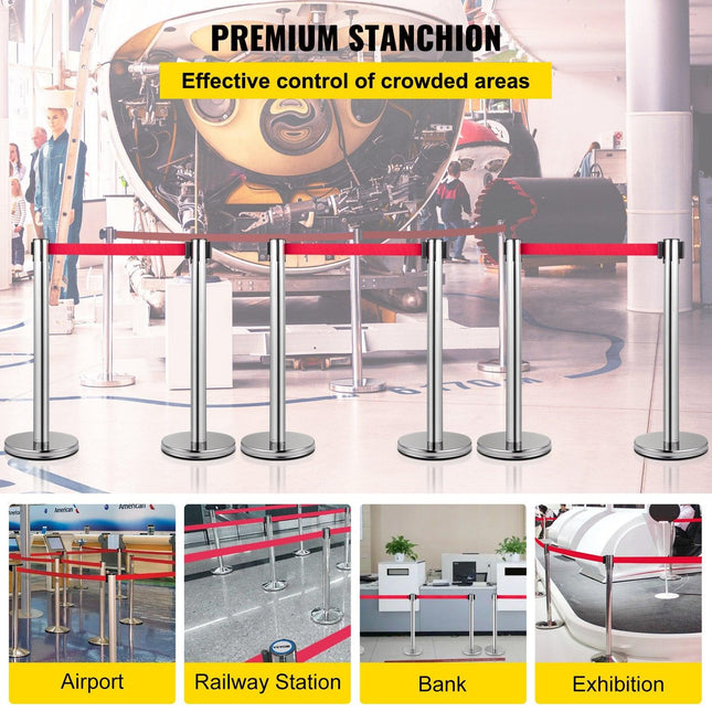 VEVOR Crowd Control Stanchion, Set of 6 Pieces Stanchion Set, Stanchion Set with 2 m Red Retractable Belt, Crowd Control Barrier with Rubber Base – Easy Connect Assembly for Crowd Control (Silver).