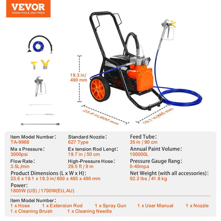 Cart Airless Paint Sprayer Diaphragm Paint Airless Sprayer 1700W Electric.