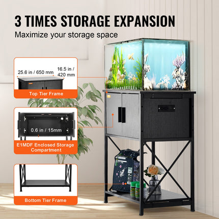 Aquarium Stand, 20 Gallon Fish Tank Stand, 25.6 x 16.5 x 31.9 in Steel and MDF Turtle Tank Stand, 167.6 lbs Load Capacity, Reptile Tank Stand with Storage Cabinet and Embedded Power Panel, Black.