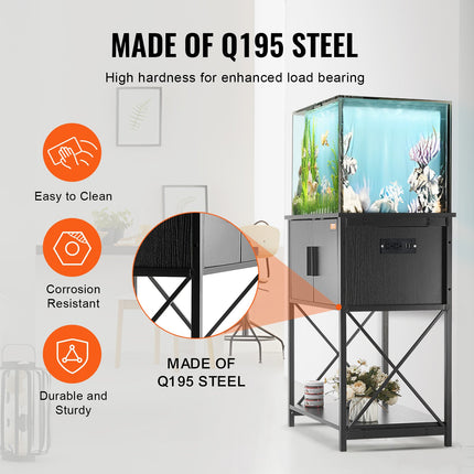 Aquarium Stand, 20 Gallon Fish Tank Stand, 25.6 x 16.5 x 31.9 in Steel and MDF Turtle Tank Stand, 167.6 lbs Load Capacity, Reptile Tank Stand with Storage Cabinet and Embedded Power Panel, Black.