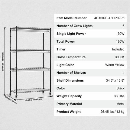 Plant Stand with Grow Lights 4 Tiers 180W 150 cm Tall Plant Grow Shelf.