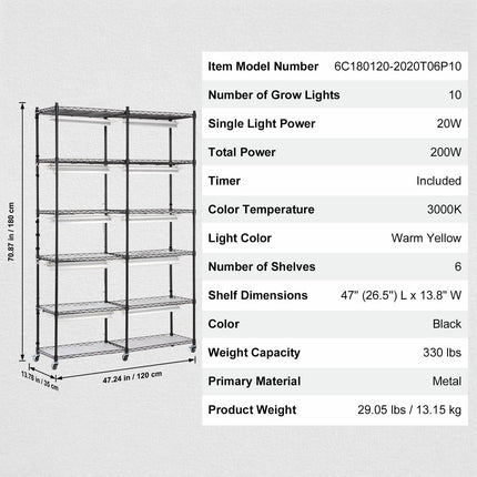 Plant Stand with Grow Light 6 Tiers 200W 59.1" Indoor Plant Grow Shelf.