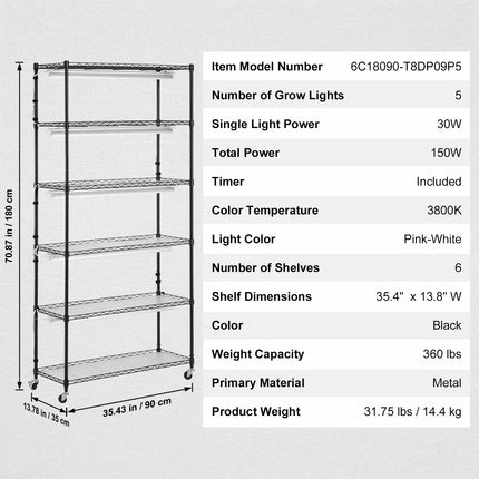 Plant Stand with Grow Light 6 Tiers 180W 180 cm Indoor Plant Grow Shelf.