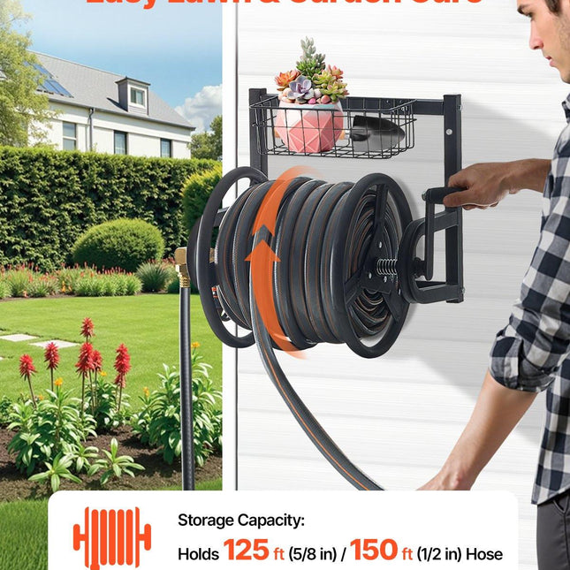 Wall Mounted Garden Hose Reel 125ft 5/8 in Metal Hose Reel with Basket.