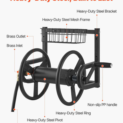 Wall Mounted Garden Hose Reel 125ft 5/8 in Metal Hose Reel with Basket.