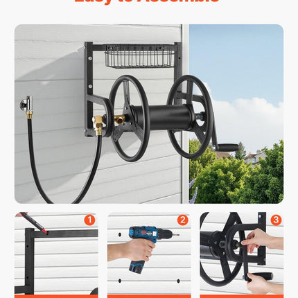 Wall Mounted Garden Hose Reel 125ft 5/8 in Metal Hose Reel with Basket.