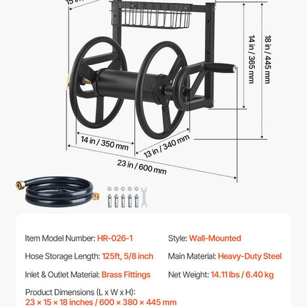 Wall Mounted Garden Hose Reel 125ft 5/8 in Metal Hose Reel with Basket.