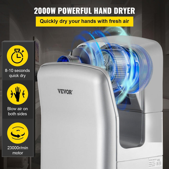 Jet Hand Dryer Blade Hand Dryer Automatic High Speed for Washroom Silver.