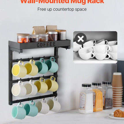Coffee Mug Holder Wall Mounted w/ 12 Movable Hooks and Top Shelf Cup Rack.