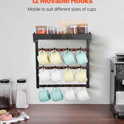 Coffee Mug Holder Wall Mounted w/ 12 Movable Hooks and Top Shelf Cup Rack.