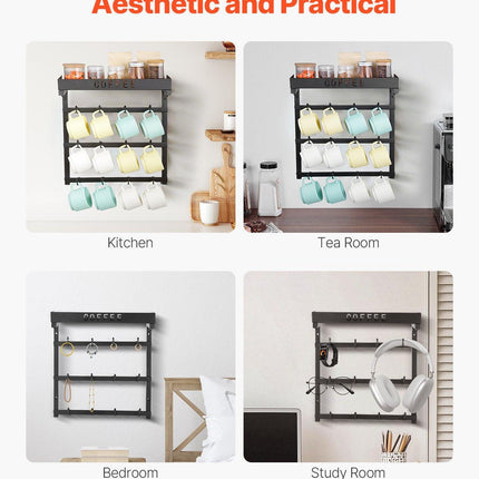 Coffee Mug Holder Wall Mounted w/ 12 Movable Hooks and Top Shelf Cup Rack.