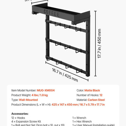 Coffee Mug Holder Wall Mounted w/ 12 Movable Hooks and Top Shelf Cup Rack.