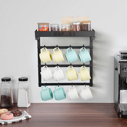 Coffee Mug Holder Wall Mounted w/ 12 Movable Hooks and Top Shelf Cup Rack.