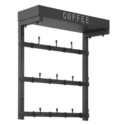 Coffee Mug Holder Wall Mounted w/ 12 Movable Hooks and Top Shelf Cup Rack.